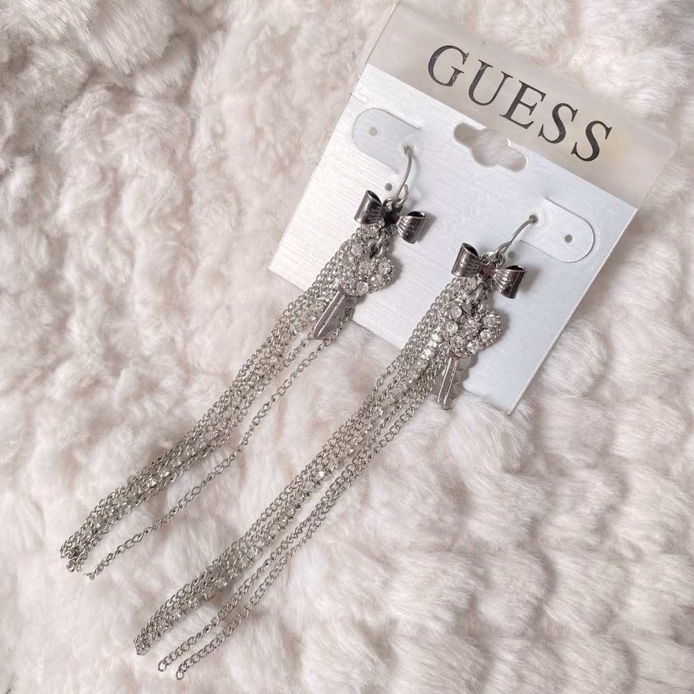 Guess Silver Tone Long Tassel Bow Drop Earrings NWT